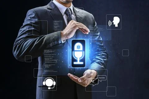 Businessman presenting digital interface of AI voice assistant, speech reco.. 写真素材