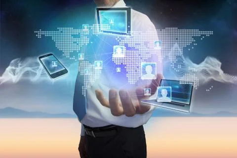 Businessman presenting earth interface with connecting devices Stockillustratie