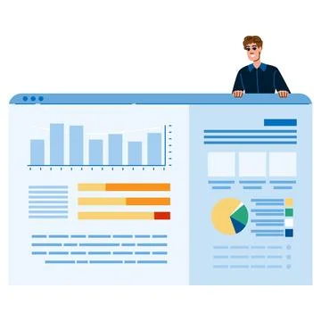 Businessman presenting financial data analysis on large interactive screen Illustrazione stock