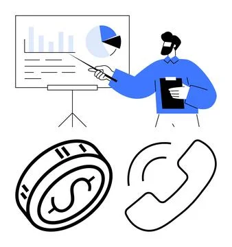 Businessman Presenting Financial Data on Chart with Graph, Coin, and Phone Call Stock Illustration
