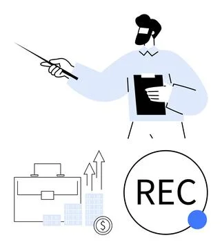 Businessman Presenting Financial Growth with Pointer, Briefcase, and Recording イラスト素材