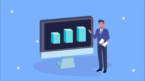 Businessman presenting financial statistics on large computer screen with a.. Stock Footage 334161026