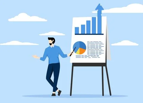 Businessman presenting graphs with elevation, Presenting company growth. Stock Illustration