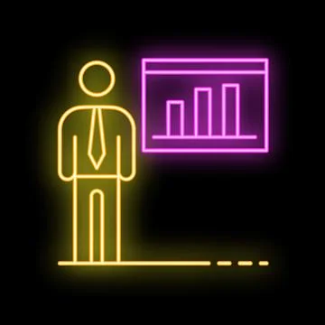 Businessman presenting growing chart statistics neon sign icon Illustrazione stock