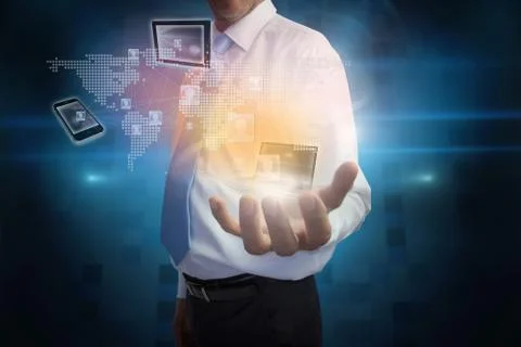 Businessman presenting interface with connecting devices Illustrazione stock