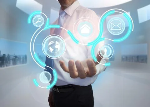 Businessman presenting interface with email and earth options Stock Illustration