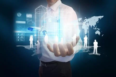 Businessman presenting interface with map 스톡 일러스트