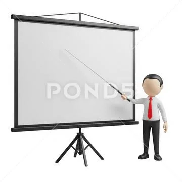 Businessman presenting with projector screen and pointer isolated on white .. PSD Template
