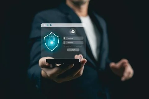 Businessman Presenting Virtual Security Login Interface on Mobile Device fo.. Stock Photos