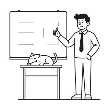 Businessman Presenting at Whiteboard While Cat Sleeps on Desk, Stock Illustration