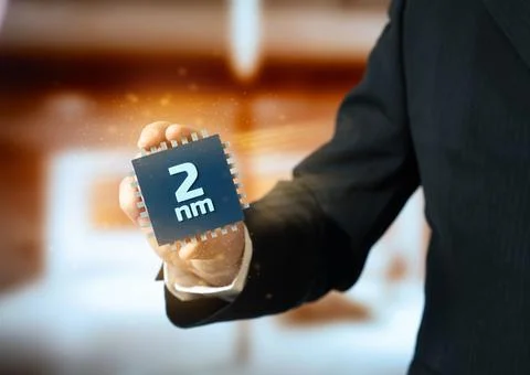 A businessman presents a microchip using a 2 nm tech process technology. New  Stock Photos