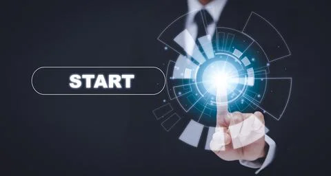 Businessman press start future button with virtual light, Start button with s Foto stock