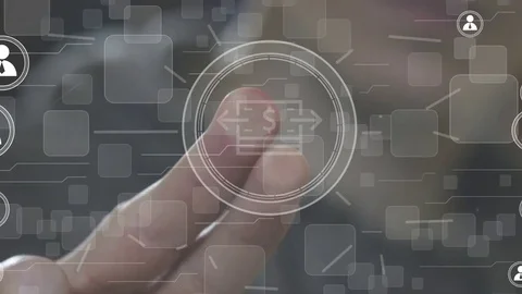 Businessman presses button dollar payment currency network Stock Footage 73011960