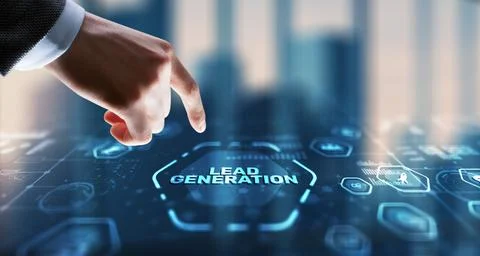 Businessman presses a button on the virtual screen: Lead generation Stock Photos