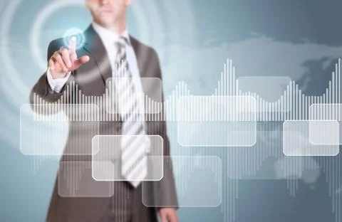 Businessman presses virtual button. Graphs, rectangles and world map Stock Photos