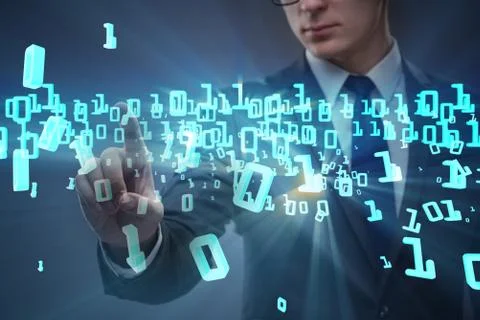 Businessman pressing binary buttons in tech concept 스톡 사진