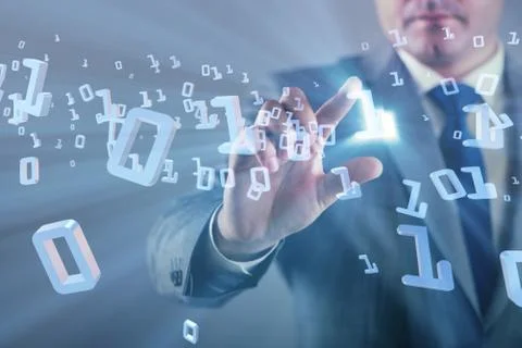 Businessman pressing binary buttons in tech concept 스톡 사진