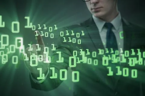 Businessman pressing binary buttons in tech concept Foto stock