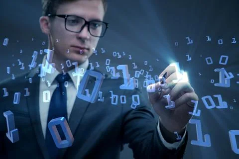 Businessman pressing binary buttons in tech concept Stockfoto's