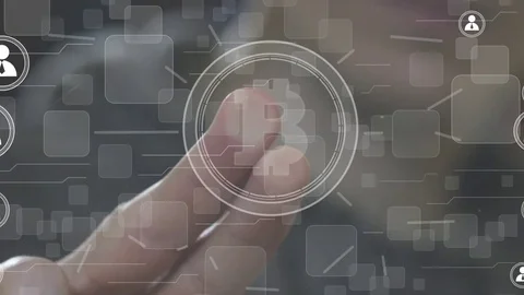 Businessman pressing button bitcoin network icon Stock Footage 73421158