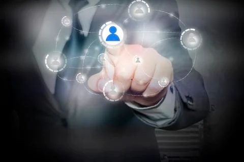 Businessman pressing button with contact on virtual screens Stock Illustration