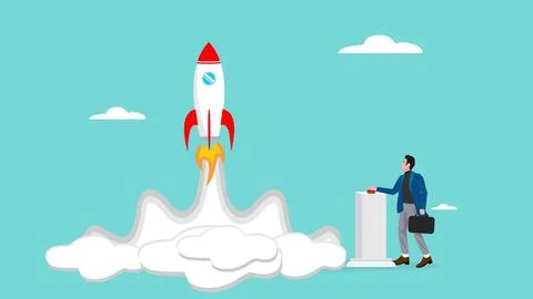 Businessman pressing button to launch rocket concept vector illustration, b.. Stock Illustration