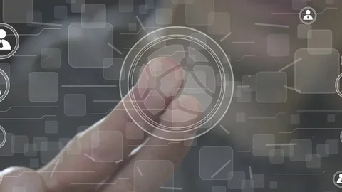 Businessman pressing button map network Stockbeeldmateriaal 73569033