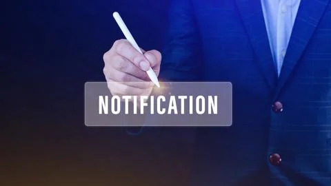 Businessman pressing button notification on virtual screens, business, tech.. Foto stock