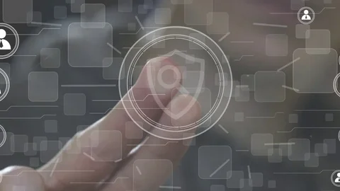 Businessman pressing button shield security virus search magnifier loupe web Stock Footage 72269412