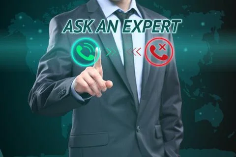 Businessman pressing button on touch screen interface and select Ask an expert Stock Photos