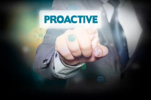 Businessman pressing button on touch screen interface and select PROACTIVE. Stock Photos