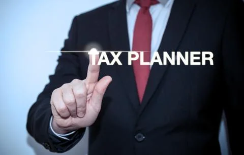 Businessman is pressing button on touch screen interface and selecting Tax Stock Photos