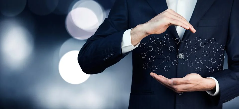 Businessman pressing button virtual interface. Stock Photos
