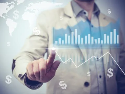 Businessman pressing button on virtual screen with diagram and cash concept Stock Photos