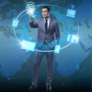 Businessman pressing buttons in computing concept Stockfoto's