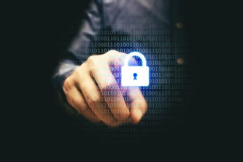 Businessman pressing lock icon with binary, cyber security concept. Stock Photos