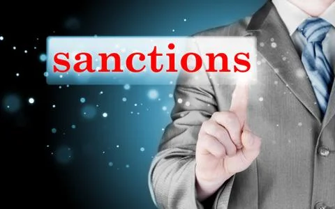 Businessman pressing sanctions button on virtual screens Stock Illustration