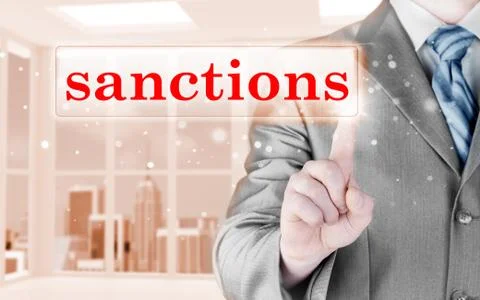 Businessman pressing sanctions button on virtual screens Stock Illustration