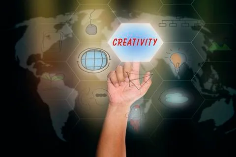 Businessman pressing touch screen interface and select "CREATIVITY". Stock Illustration