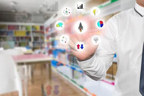 Businessman pressing touch screen interface and select Stock Photos