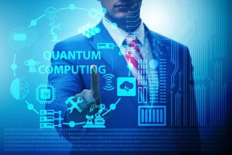 Businessman pressing virtual button in quantum computing concept Stock Photos
