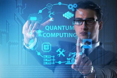 Businessman pressing virtual button in quantum computing concept Stockfoto's