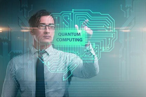 Businessman pressing virtual button in quantum computing concept Stock-Fotos