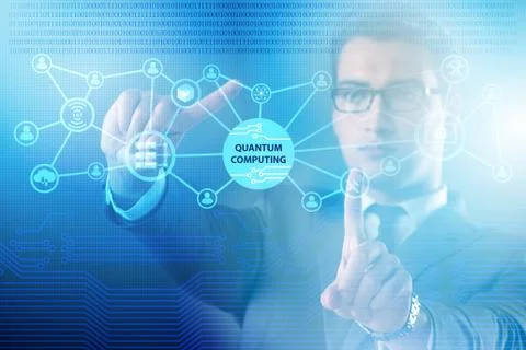 Businessman pressing virtual button in quantum computing concept Stock-Fotos