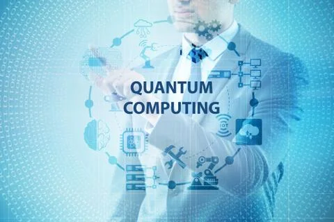 Businessman pressing virtual button in quantum computing concept Stockfoto's