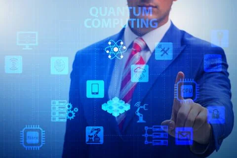 Businessman pressing virtual button in quantum computing concept 写真素材