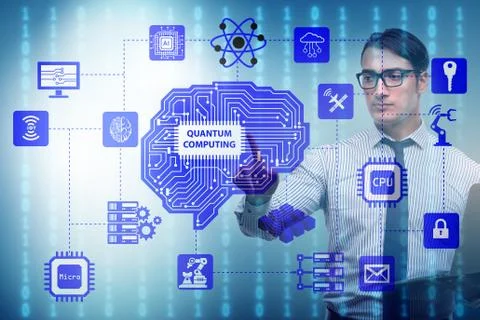 Businessman pressing virtual button in quantum computing concept Stock-Fotos