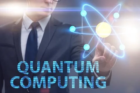 Businessman pressing virtual button in quantum computing concept 库存照片