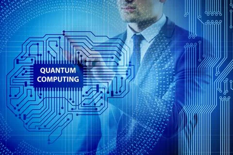 Businessman pressing virtual button in quantum computing concept Stock Photos