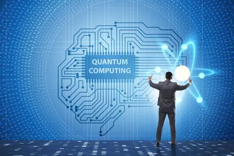 Businessman pressing virtual button in quantum computing concept Stock-Fotos